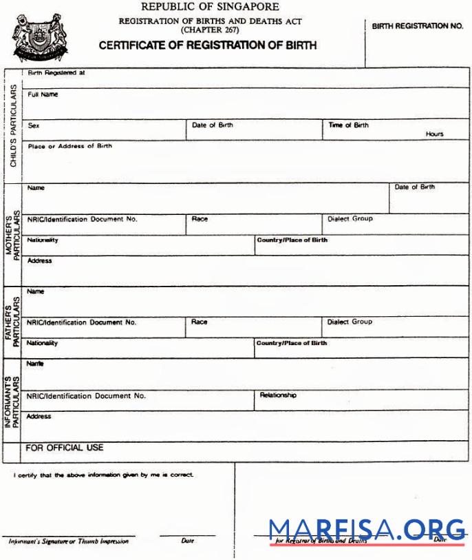 Printable Singapore Registration of births and deaths certificate of birth template